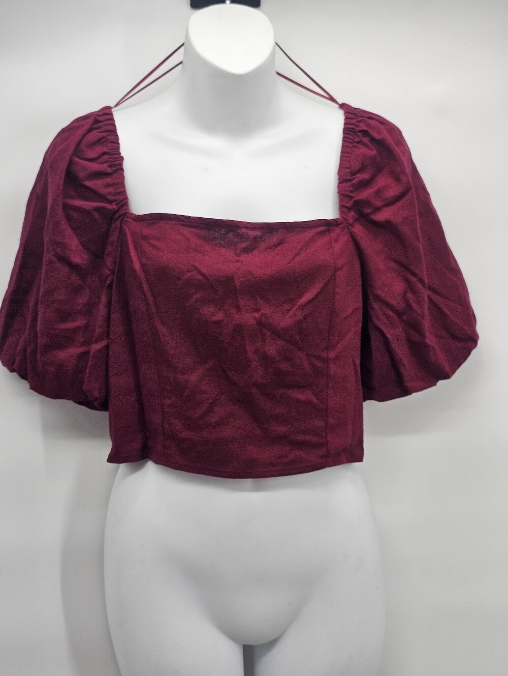 INC Burgundy Square Neck Puff Sleeve Smocked Back Crop Top M Linen Blend